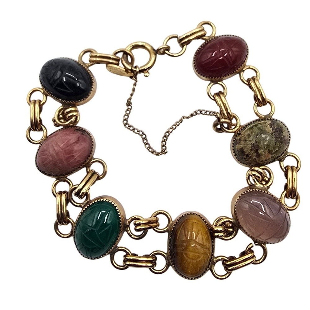 Carla Vintage 12K Gold Filled Multi Gemstone Scarab Bracelet with Safety Chain